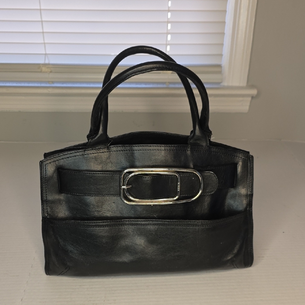 Furla Black Leather Satchel with Silver Accent